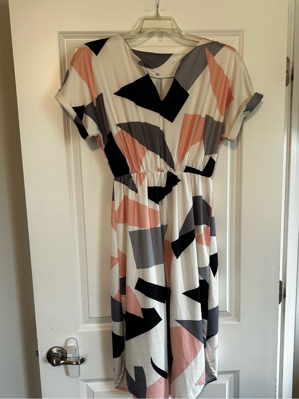 Abstract Print Short Sleeve Midi Dress in White, Blush & Gray